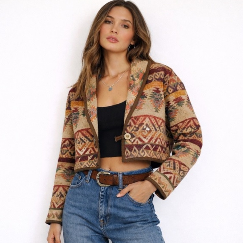 Womens  Vintage Flashback Cropped Southwest Tapestry Jacket Aztec 100% Cotton M - Picture 7 of 7